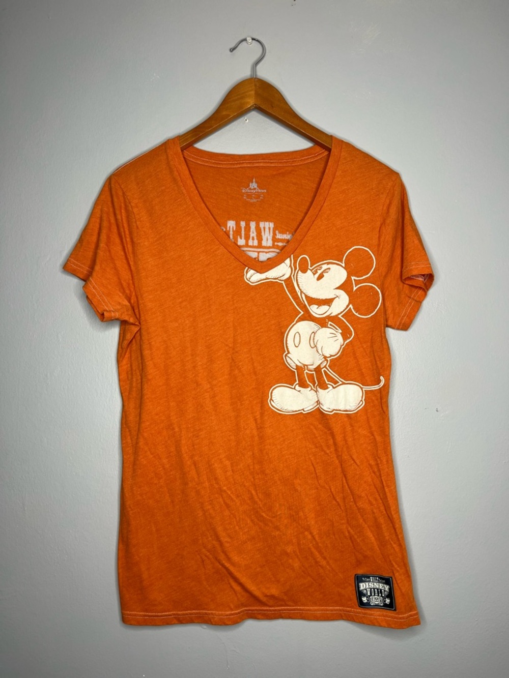 Disney Parks Orange V-Neck Burnout Tee with White Vintage Mickey Design Logo A
